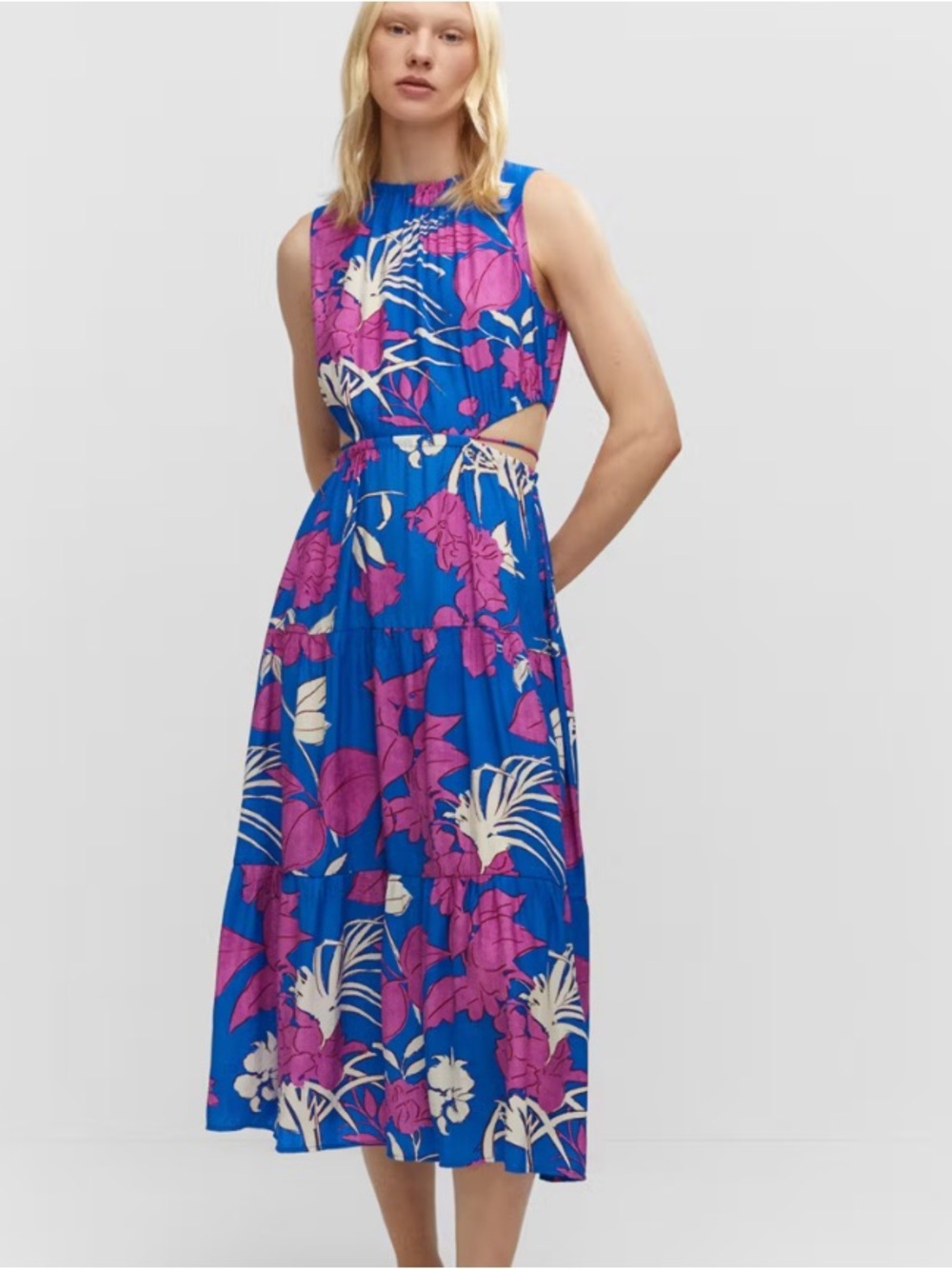 Mango Blue Midi Dress with Pink and Cream Floral Print